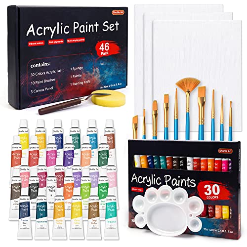 Shuttle Art 46 Pack Acrylic Paints Set, 30 Colours Acrylic Paint with 10 Brushes 3 Blank Canvas 1 Paint Knife 1 Palette 1 Sponge, Complete Set for Canvas Wood Ceramic, Perfect for Beginners Adults - 46 Pack