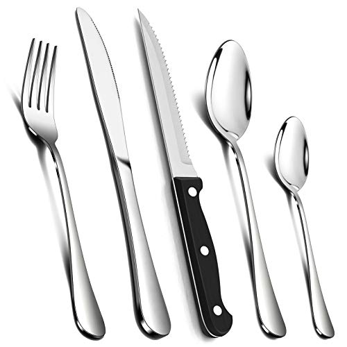 24 Piece Cutlery Sets with 6 Piece Steak Knives, Homikit Stainless Steel 30-Piece Silver Cutlery Flatware Set, Dinnerware Fork Knife Spoon Set Service for 6, Mirror Finished & Dishwasher Safe - Silver