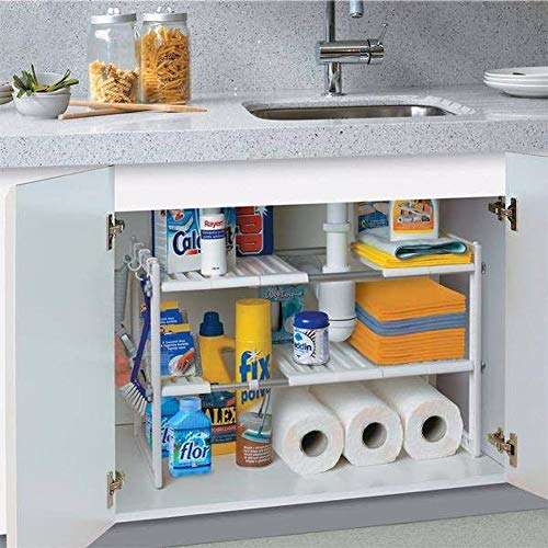Warmiehomy 2 Tier Extendable Sink Shelf Adjustable Under Sink Rack Multifuctional Storage Rack Stainless Steel Tubes for Kitchen Bathroom Cabinet ((50-70) x26.5x39cm) - White