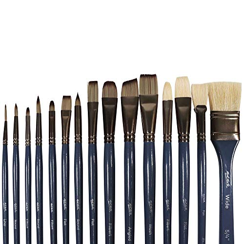 Mont Marte Premium Brush Wallet Set, 15 Piece, Includes Hog Bristle and Taklon Brushes, Suitable for Watercolor, Acrylic, Oil, Gouache and Tempera Painting