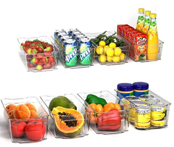 KICHLY Stackable Fridge Organisers - Set of 8 Storage Containers with Handles - Multipurpose Organizer Boxes For Kitchen, Fridge, Cupboard, Snacks, Cans, Tins, Pantry, Under Sink - BPA Free (Clear) - Clear - 8