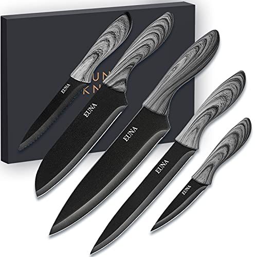 EUNA 5 PCS Kitchen Knife Set Japanese Knives for Cooking - Chef, Santoku, Paring, Slice, Utility - Stainless Steel Ultra Sharp Blad & Ergonomic Handle, with Sheath and Gift Box - Black