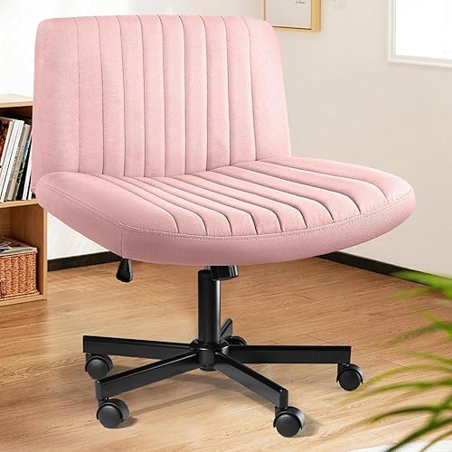 LEMBERI Criss Corss Chair with Wheels,Fabric Padded Armless Wide Office Desk Chairs,120° Rocking Swivel Mid Back Computer Task Vanity Chair for Home Office, Small Space - Pink - With Wheels