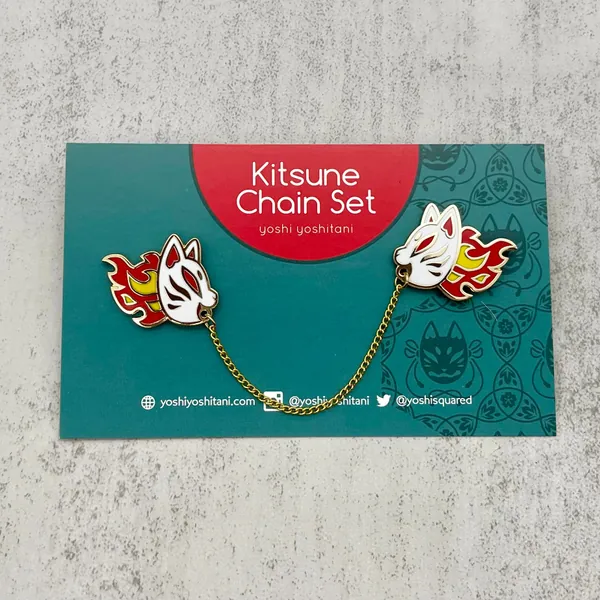 Kitsune White Chain connected Enamel Pins