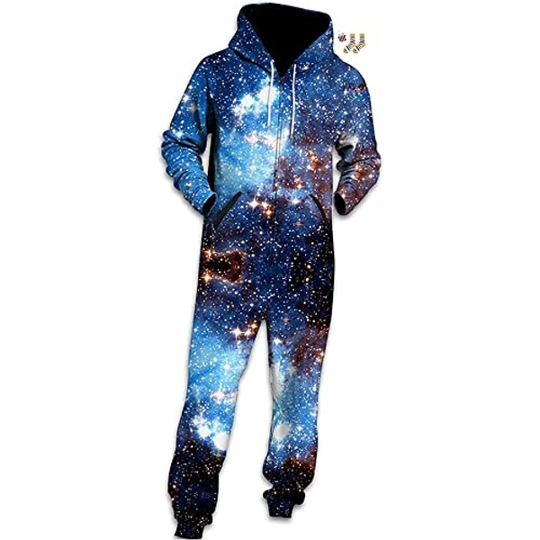 Morbuy Unisex Onesie Hoodie, Adult 3D Print Jumpsuit Stylish Printed One Zip Playsuit Hooded Autumn Warm Pajama Plus Size Sleepwear Casual wear - XL - Blue Star