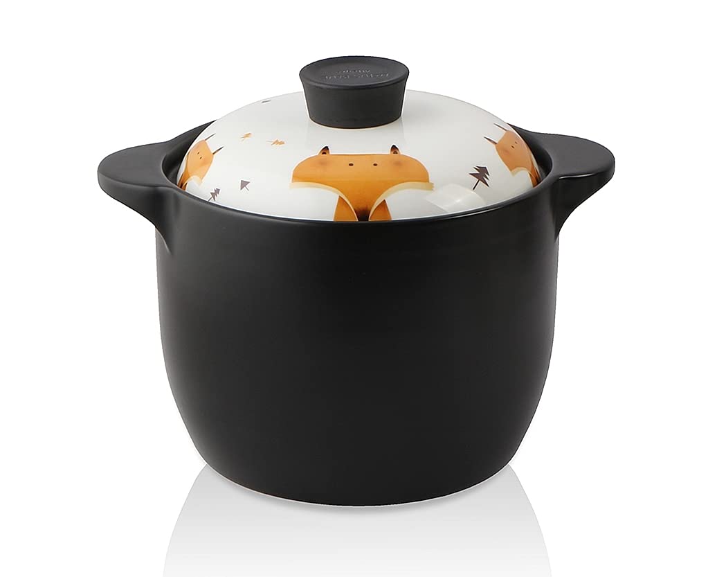 Lotus Blue 5-Quart Cartoon Pattern Ceramic Round Black Dish Casserole/Clay Pot/Earthen Pot/Ceramic Cookware With White Lid Heat-Resistant Gift Box (FOX) - FOX