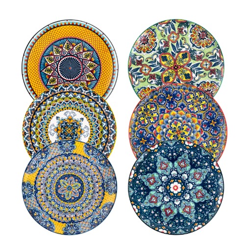 HENXFEN LEAD Ceramic Dinner Plates Set of 6 - 10.6 Inch Large Dessert, Pasta, Salad Plate, Porcelain Colorful Serving Dishes for Kitchen & Restaurant, Dishware, Microwave & Oven safe - Bohemian Style - 10.6 Inch