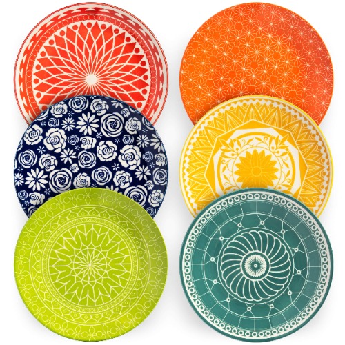 Annovero Dinner Plates, Set of 6 Large Cute Colorful Patterned Contemporary Porcelain Dishes for Kitchen, Great for Thanksgiving, Christmas, for Appetizers, Salad, Pasta, Lunch, 10.5 Inch Diameter - 
