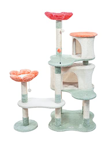 HYABi 56.3in Flower Collapsible Cat Tree Tower Condo Furniture Apartment Plush Habitat Kitten Amusement Platform with Scratch Posts Toy Ball Pet House Play (Large 56.3" H) - Large 56.3" H