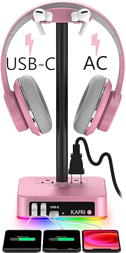 KAFRI RGB Headphone Stand with USB Charger Desk Gaming Headset Holder Hanger Rack with 3 USB Charging Port and 2 Outlet - Suitable for Gamer Desktop Table Game Earphone Accessories Girlfriend Gift - Pink