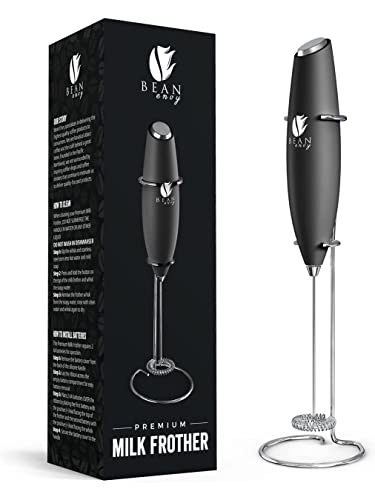 Bean Envy Handheld Milk Frother for Coffee - Electric Hand Blender, Mini Drink Mixer Whisk & Coffee Foamer Wand w/Stand for Lattes, Matcha and Hot Chocolate - Kitchen Gifts - Black - Black