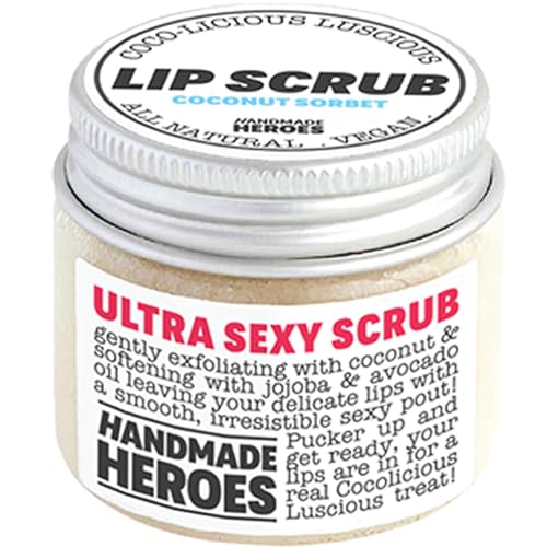 Handmade Heroes 100% Natural Lip Scrub, Vegan Conditioning Coconut Exfoliator - Gentle Exfoliant, Sugar Polish and Scrubber for Chapped Dry Lips, 1oz (Coconut Sorbet) - 01 - Coconut Sorbet