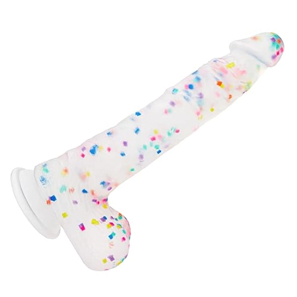 8 Inch Confetti Huge Silicone Dildo with Flared Suction Cup Base for Hands-Free Play, Flexible Dildo with Curved Shaft and Balls for Vaginal G-Spot and Anal Prostate