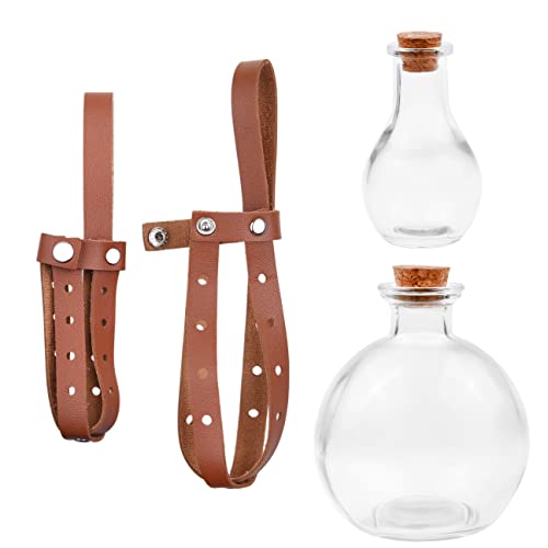 ECO-FUSED Cosplay Potion Bottle with Holder - Clear Spherical Cosplay, Wizard, Witch Costume Accessory - Brown Holder - (L) + (S) Bottle