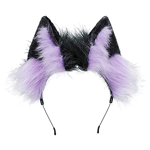 ZFKJERS Furry Fox Wolf Cat Ears Headwear Women Men Cosplay Costume Party Cute Head Accessories for Halloween (Purple Black) - Purple Black