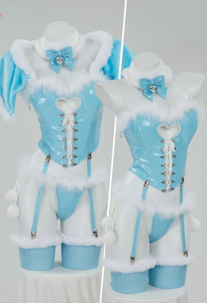 Sexy Lingerie Set Winter Christmas Blue White Furry Heart Hollow Top and Panty with Cloak