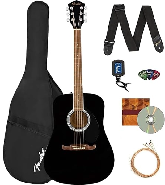 Fender FA-125 Dreadnought Acoustic Guitar - Black Bundle with Gig Bag, Tuner, Strap, Strings, Picks, and Austin Bazaar Instructional DVD