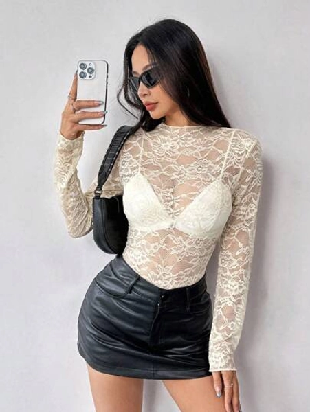 EgrlEra Women Lace Floral Sheer Sexy Top (Random Cut)