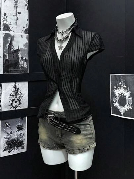 EgrlEra Women's Summer Fashion Textured Striped Sheer Blouse