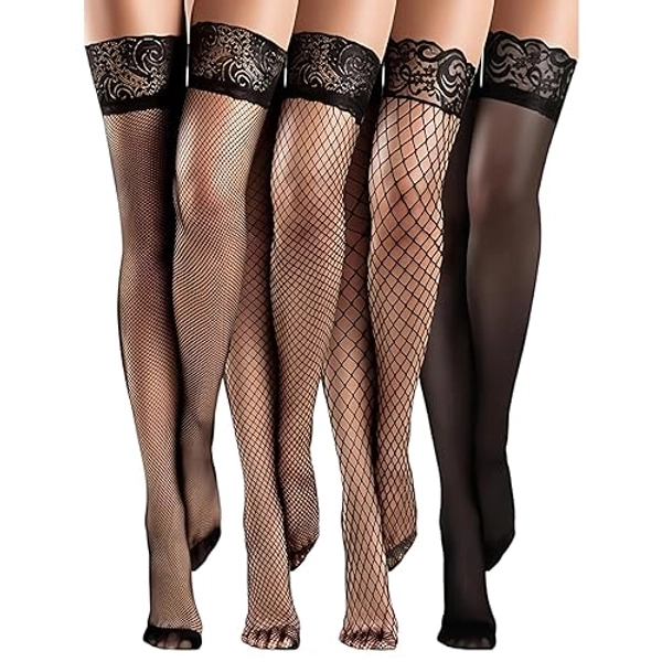Nivofu 4 Pairs Fishnet Thigh High Stocking, Anti-skid Silicone Lace Silk Thigh High Stockings