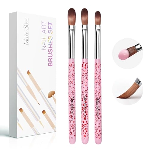 MelodySusie 3Pcs Acrylic Nail Brush Set, Size 8/10/14 Professional Nail Brushes for Acrylic Application Acrylic Powder Nail Art Extension and 3D Nail Carving for DIY Home Salon Nail Art Tool Pink