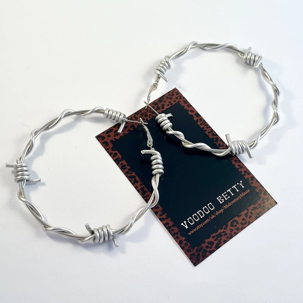 Silver Barbed Wire Hoop Earrings 7cm Large Barb Wire 90's 1990's Big Nineties
