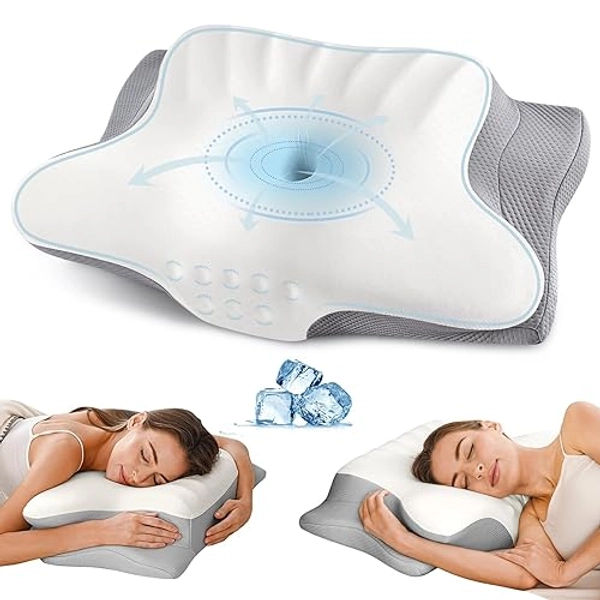 Cervical Neck Pillow for Pain Relief - Ergonomic Memory Foam Pillows for Sleeping, Cooling Side Sleeper Pillow for Neck Support, Contour Orthopedic Bed Pillow for Back Stomach Sleepers - White&grey