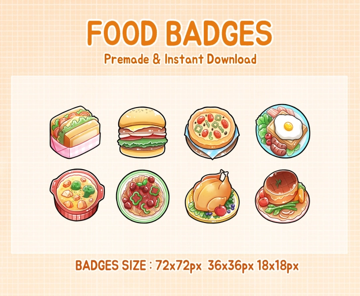 Twitch badges, bit badges food, cute meal sub badge.
