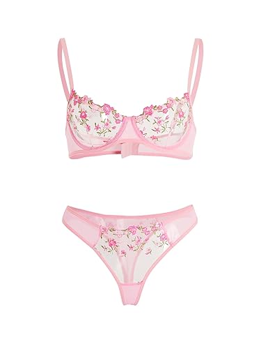 WDIRARA Women's 2 Piece Floral Embroidery Underwire Lingerie Set Mesh Bra and Panty Set - X-Small - Pink