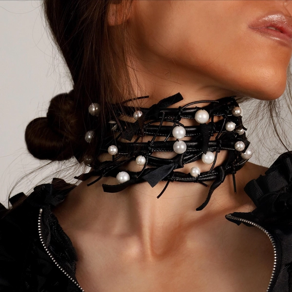 Leather Choker Necklace, Pearl Choker Necklace, Black Leather Choker, Collar Choker, Collar Necklace, Handmade Jewelry