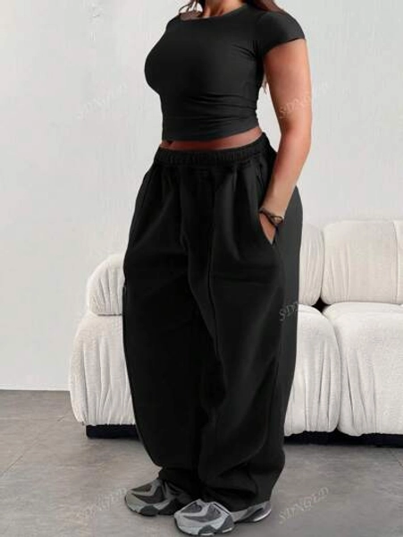 Plus Size Women's Casual Loose Solid Color Elastic Waistband Pocket Sweatpants