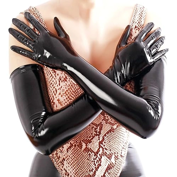 Ftshist Women's Shiny Long Gloves Faux Leather Wet Look Arm Length Gloves for Ladies