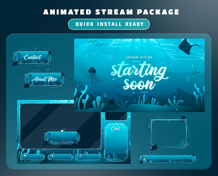 Ocean Animated Twitch Overlay Package, Animation Underwater, Jellyfish and Bubble Splash Element, Deep Blue Twitch Overlay, Watery Vibes