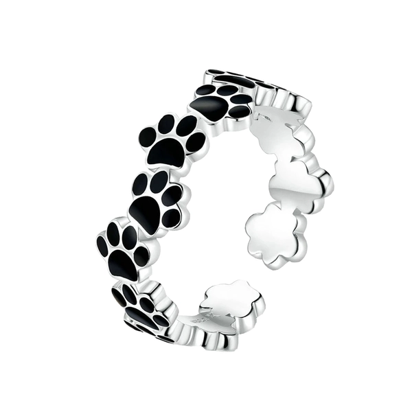 Paw Print Black Enamel Ring - Sterling Silver
