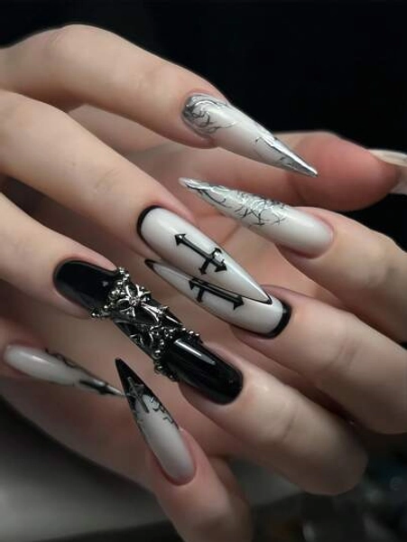 Y2K Instantly Upgrade Your Look With 24pcs Personality Street Dark Series Unique Silver Fluid Metal And Black Cross Pattern 3D Stereoscopic Metal Decoration Black And Silver French Long Stiletto Press On Nails Fake Nail Kit,Suitable For Cool And Handsome Girls And Women With Unique Personalities To Use In Daily Life And Shopping