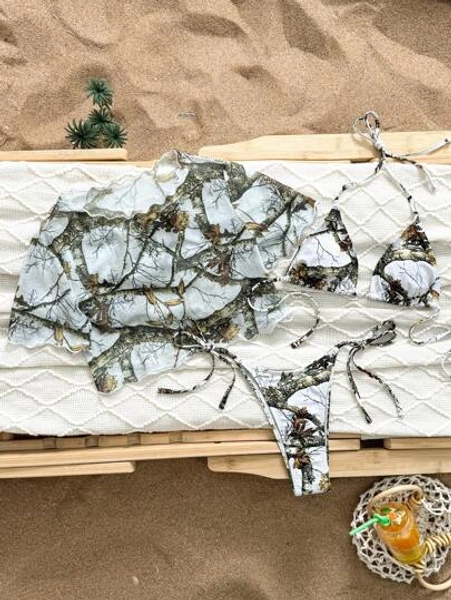 Swim Vcay 3pcs/Set Multicolor Printed Triangle Halter Top, Round Neck Cover-Up And Bikini Set, Beach Outfit For Women