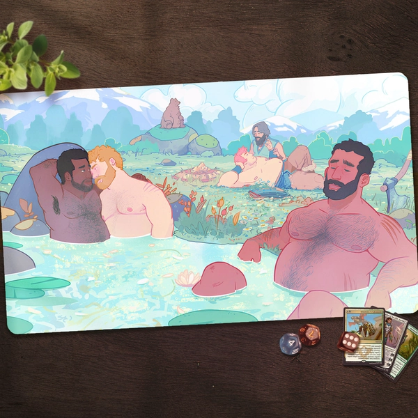 Bearscape Pride Mtg Playmat: Personalized Standard Size Play Mat, Cartoon Bear Hot Tub Deskmat, Card Game Accessories, Gift For Tcg Geek Man