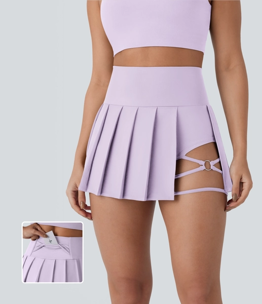 Breezeful™ High Waisted Pleated 2-in-1 Side & Pocket Asymmetric Hem Quick Dry Mini Dance Skirt