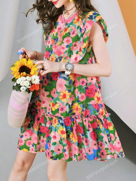 Japan, South Korea And The United States Holiday Fashion Floral Print Ruffled A-Line Dress With Round Collar Sleeveless Loose Sexy Casual Delicate Fashion Women Mini Dress
