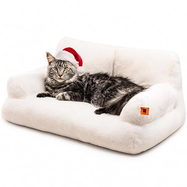 MEWOOFUN Cat Couch Bed for Indoor Cats, Washable Small Dog Beds for Medium Small Dogs & Cats up to 25 lbs, Fluffy Pet Beds with Non-Slip Bottom, 26×19×13 Inch (Beige)