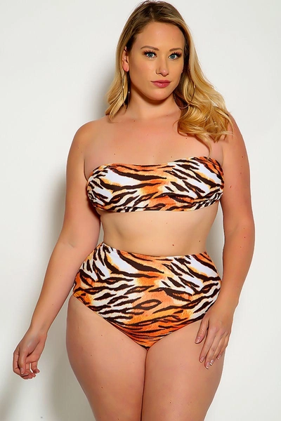 Sexy Tiger Bandeau High Waist Plus Size Swimsuit