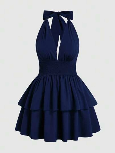 SHEIN MOOSTA Plus Size 1pc Elegant Solid Color Cinched Waist Backless Spaghetti Strap Mid-Length Dress, Y2K Style Outfit For Christmas Holiday Party