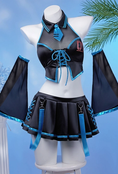 Vocal Miku Maillot de Bain Deux Pièces Bikini Set Haut dos Nu et Jupe  avec Manches et Bretelles