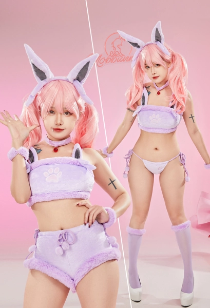 PM Derivative Kawaii Purple Plush Sexy Lingerie Set Crop Top and Shorts with Lace-up Panty Tail Socks Headband