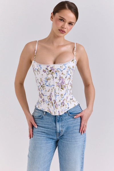 Cadie White Floral Ribbon Print Cotton Corset Top