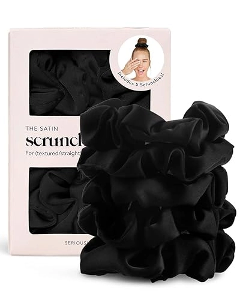 Kitsch Satin Hair Scrunchies for Women, Softer Than Silk Scrunchies for Hair, Satin Scrunchies for Girls, Satin Hair Ties for Women, Silk Hair Ties No Damage, Silk Ponytail Holders, 5 pcs (Black)