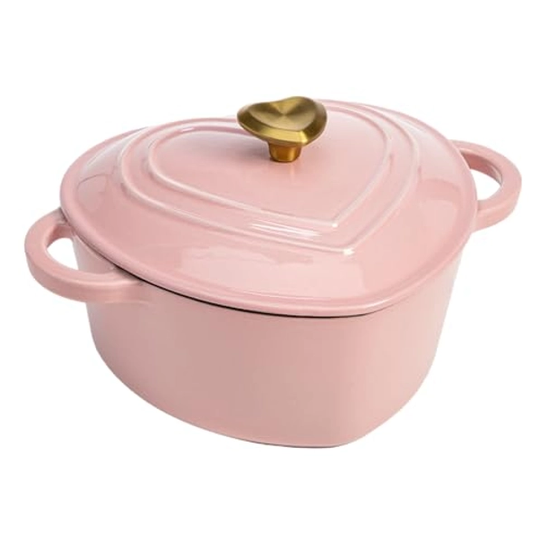 Paris Hilton Enameled Cast Iron Dutch Oven Heart-Shaped Pot with Lid, Dual Handles, Works on All Stovetops, Oven Safe to 500°F, 2-Quart, Pink