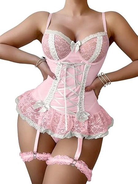 Foxiny Sexy Naughty Mesh Corset Ruffle Lace Up Underwire Sheer Garter Belt Lingerie Set 3 Piece Women