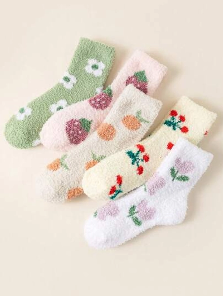 5 paar warme slaapsokken voor dames met koraalfleece en kersenfruit- en bloemenmotief, comfortabele, huidvriendelijke, zachte, schattige en modieuze sokken tot halverwege de kuit, geschikt voor lente, herfst, winter, thuis, op kantoor en in de vrije tijd