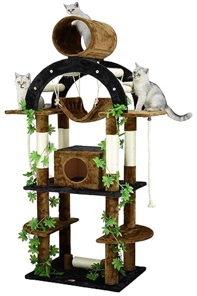 Go Pet Club 71" Jungle Forest Leaves Collection Luxury Cat Tree Condo Kitty Climber Furniture Arched Top with Spinning Poles and Tunnel, Brown/Black